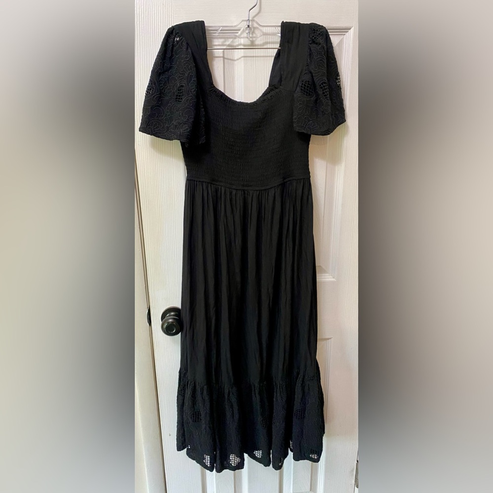 Anthropologie Seen Worn Kept Black Smocked Dress with Lace Detail